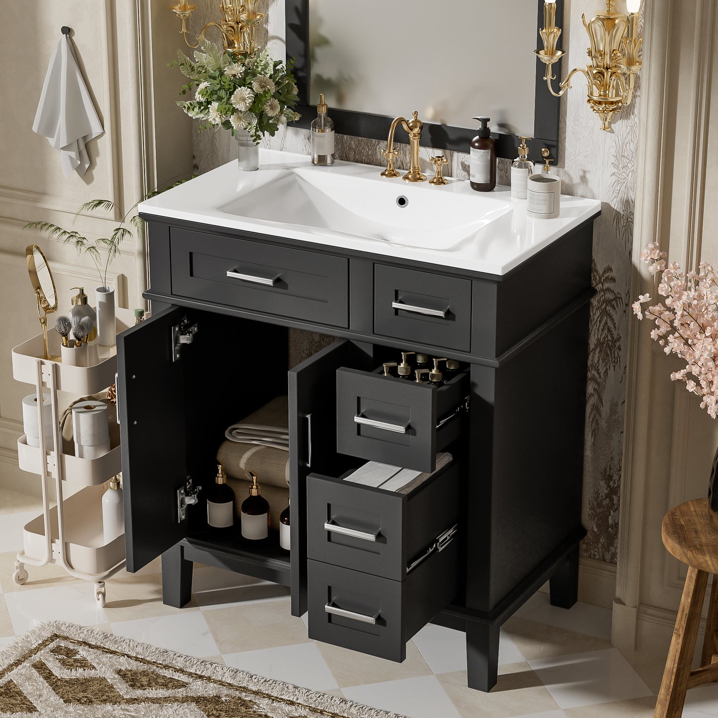 30" Black Bathroom Vanity with Ceramic Sink & Soft-Close Doors