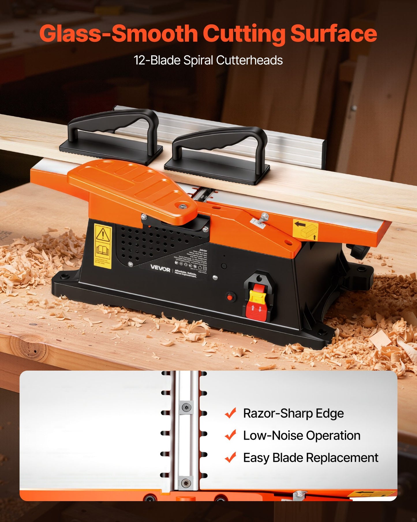 Benchtop Wood Jointer 6 Inch, 2 HP Spiral Cutterhead, Adjustable Fence, Compact Design