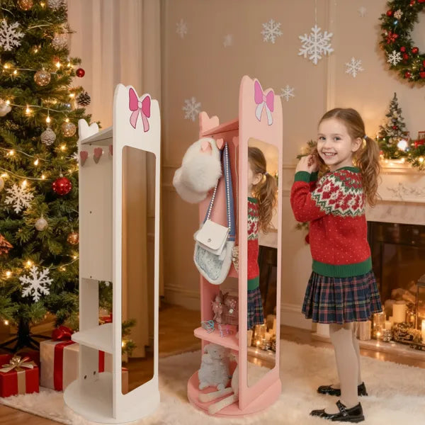 Children's Jewelry Mirror Cabinet - Pink Bow Design with Rotatable Base