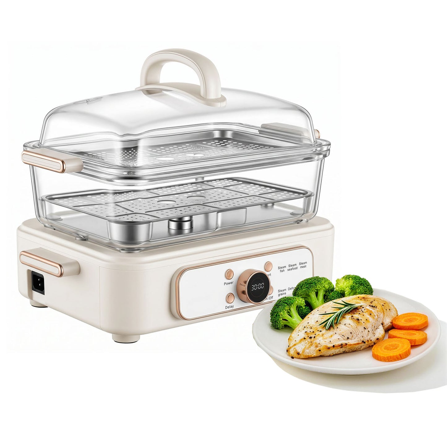 Electric Food Steamer 6.3 Qt with Glass Lid, 2-Tier Stainless Steel Trays, 1200W for Veggies Seafood Rice