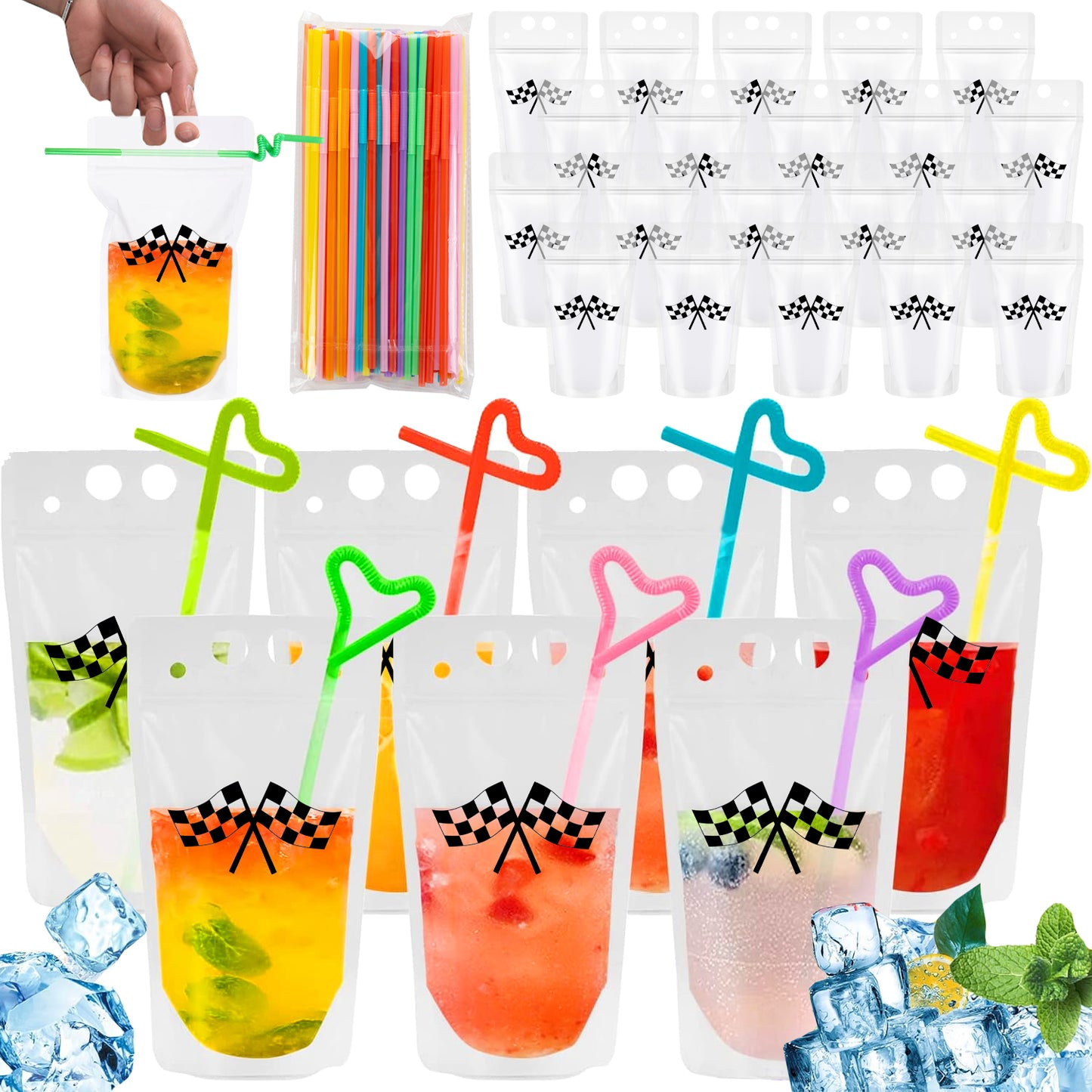 40 Clear Drink Pouches with Straws - Multi-Color Set