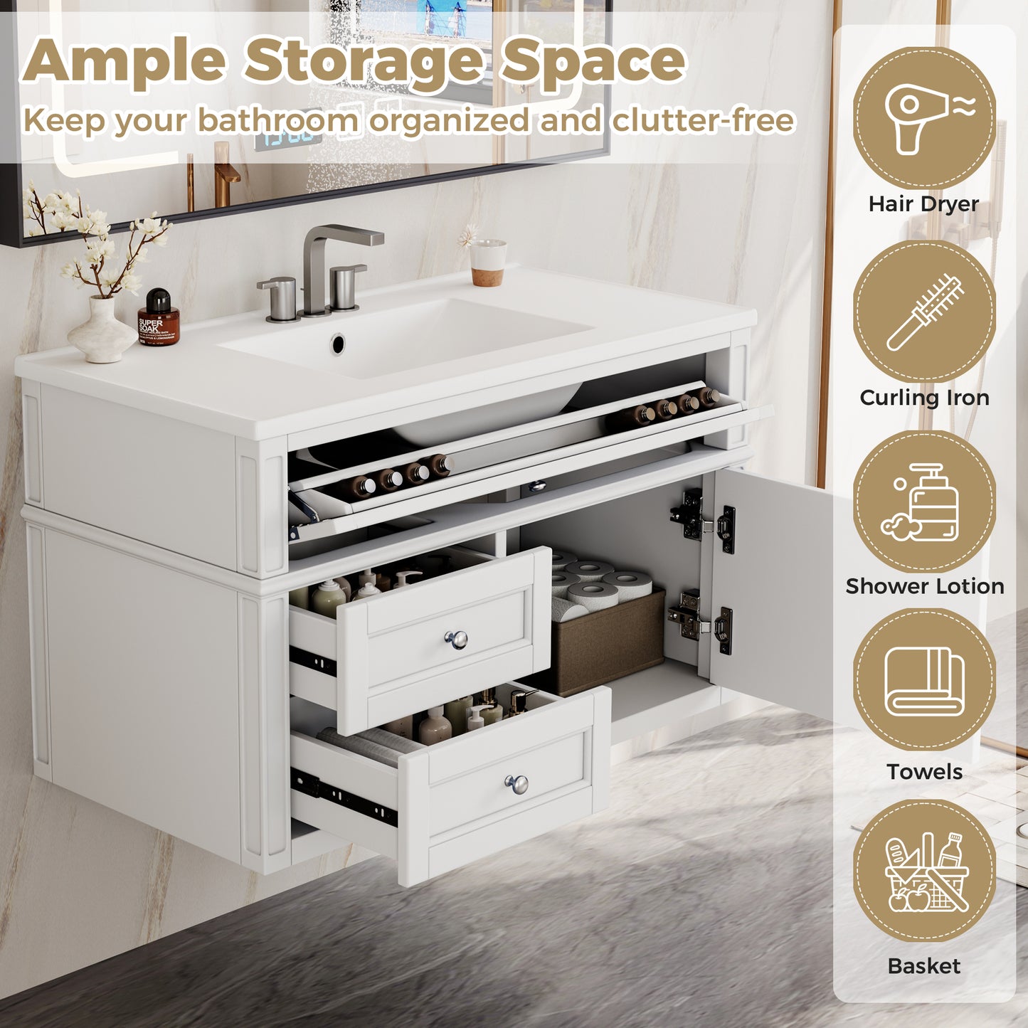 36-inch Wall Mounted Bathroom Vanity with Ceramic Sink & Drawers