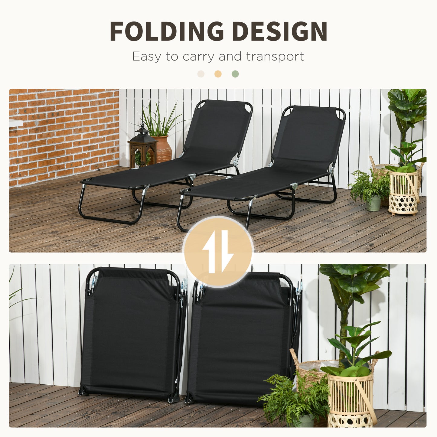 2 Piece Folding Chaise Lounge Pool Chairs - Black
