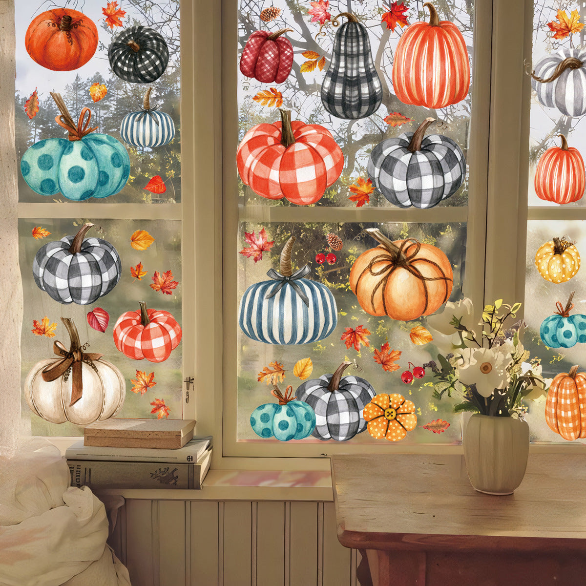 9 Sheets Pumpkin Static Cling Window Stickers - Thanksgiving Decor