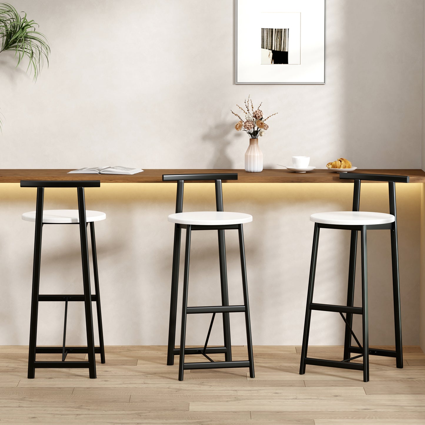 Metal Bar Stools Set of 3 with Backrest - Black & White