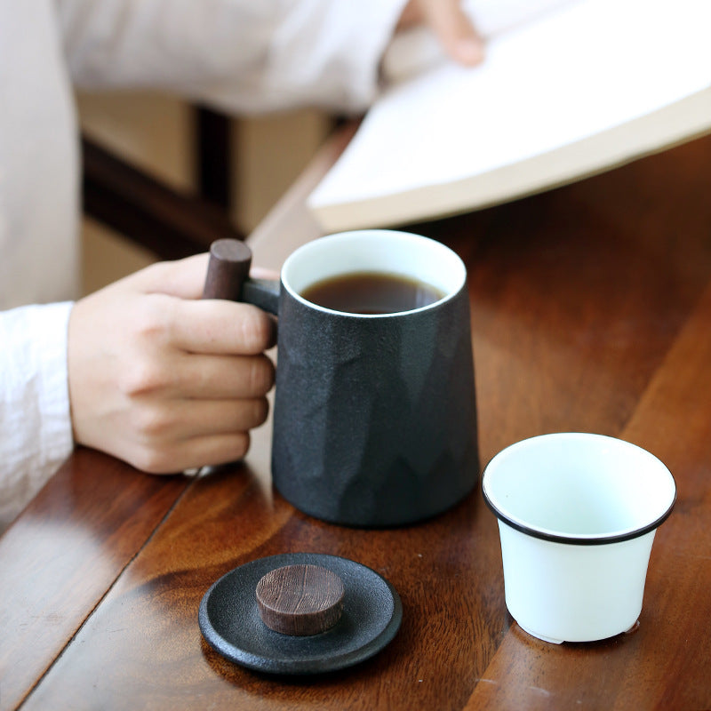Ceramic Office Tea Cup with Wooden Handle and Lid 450ml Black