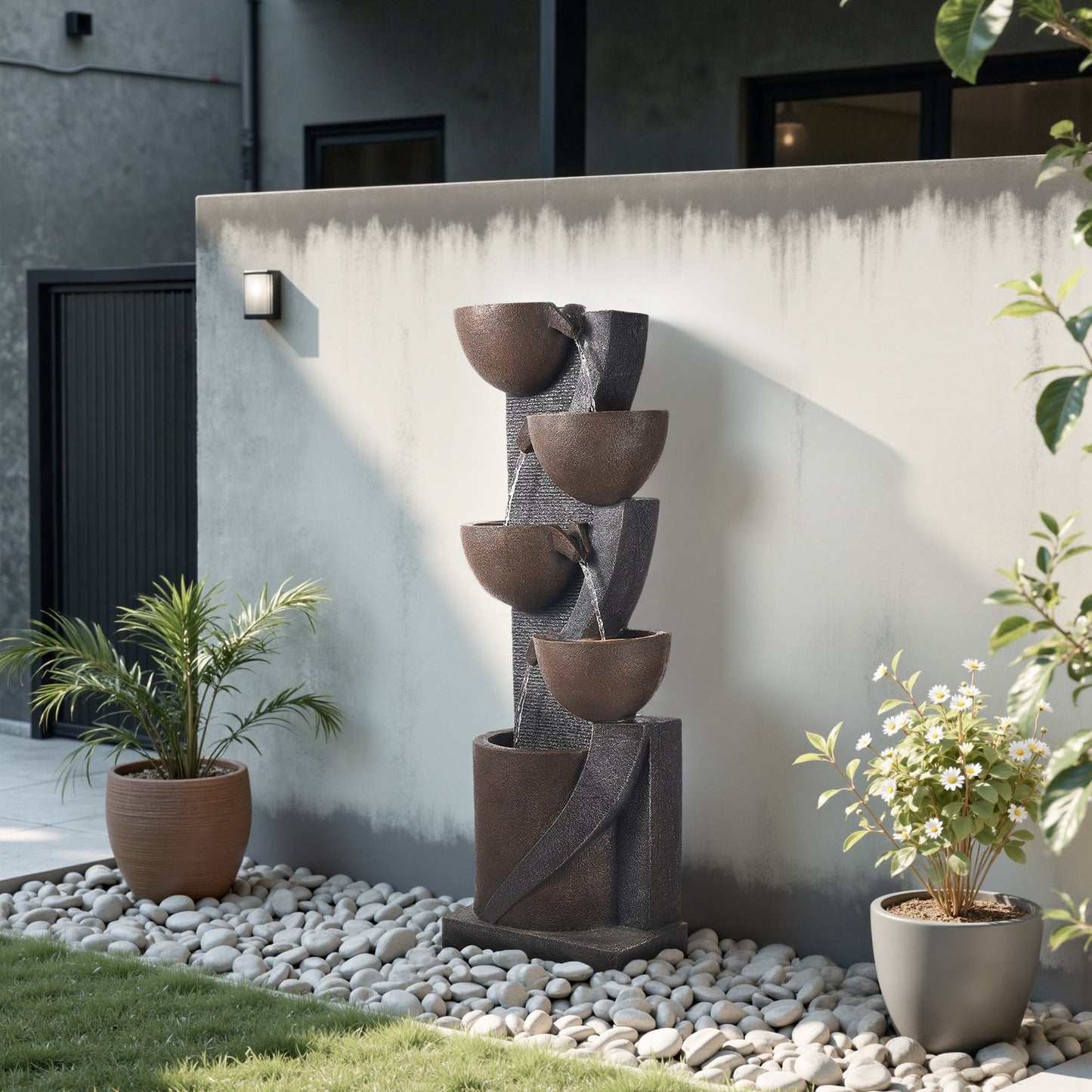 Outdoor 5-Tier Jar Water Fountain for Garden & Patio - Cascading Design, Brown