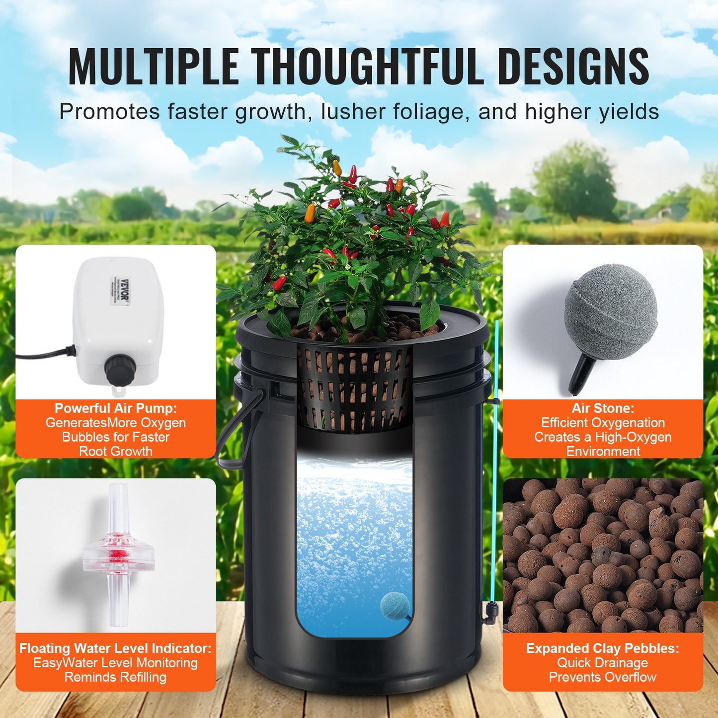 Hydroponic Grow System with 5-Gallon Buckets, Air Pump & Drip Kit - Black