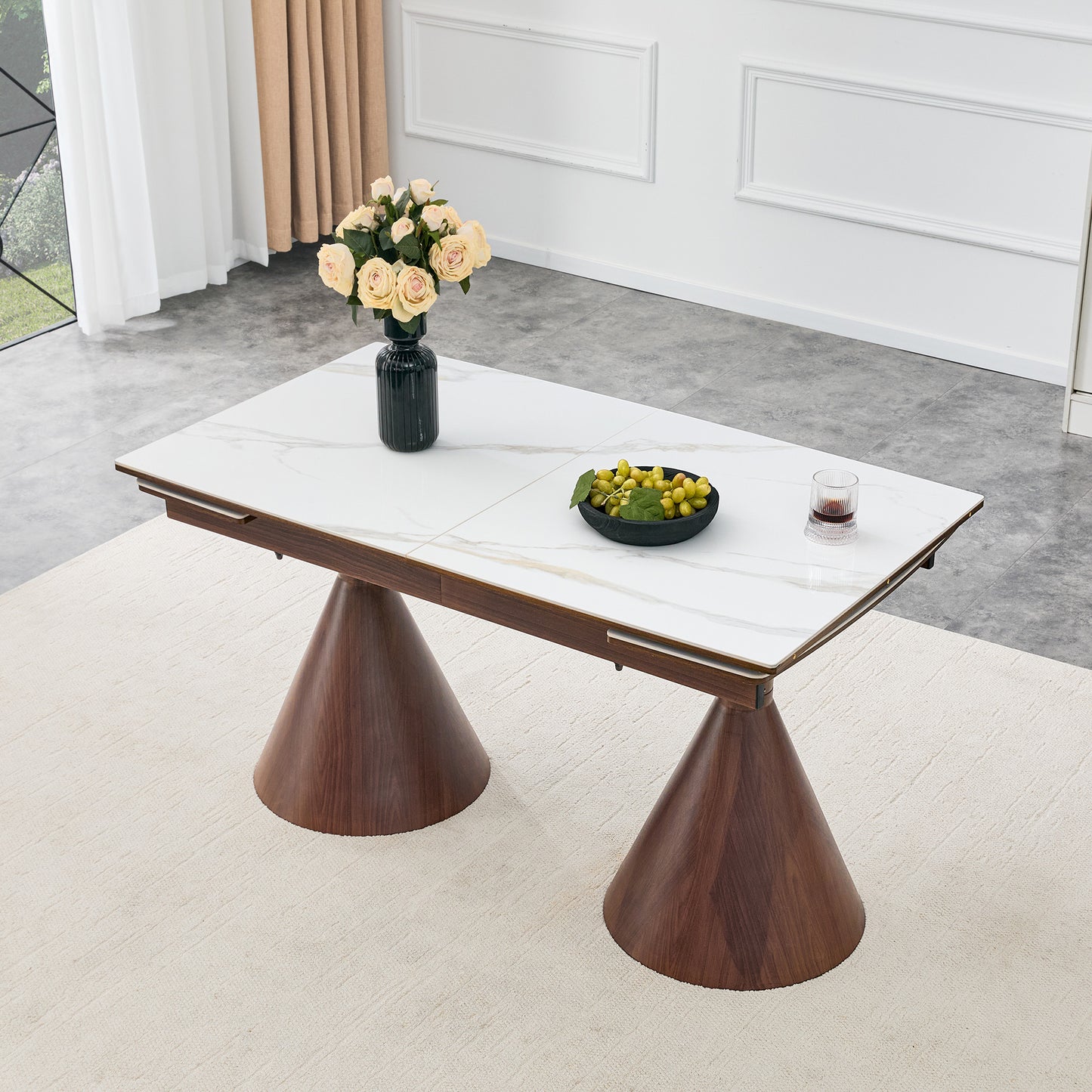 Extendable Dining Table with White Marble-Patterned Top