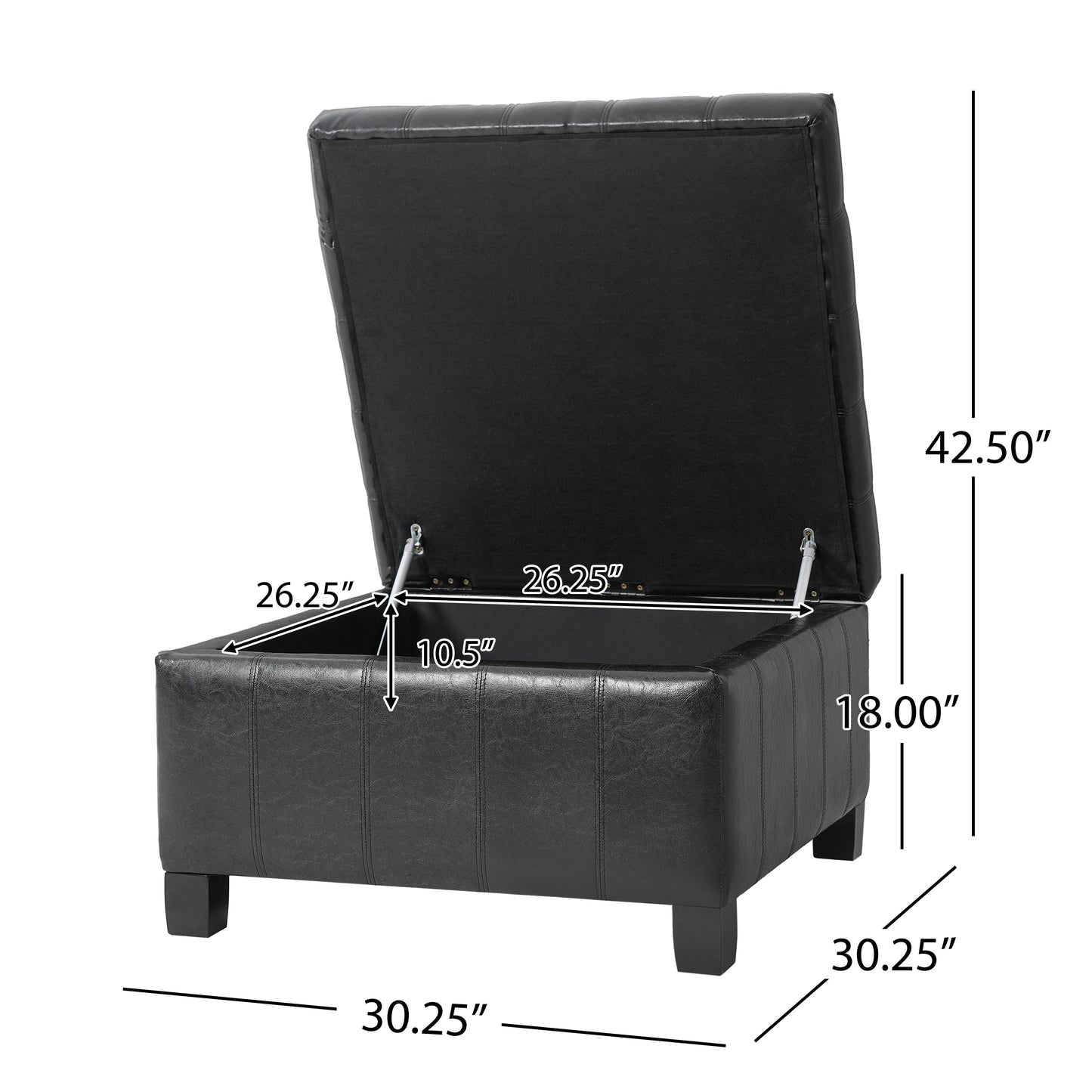 Black PU Storage Ottoman with Lift-Top - 30.25" Square