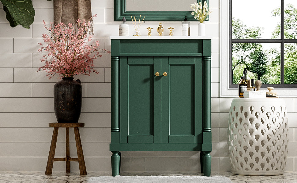 24-Inch Green Bathroom Vanity with Ceramic Sink & Storage