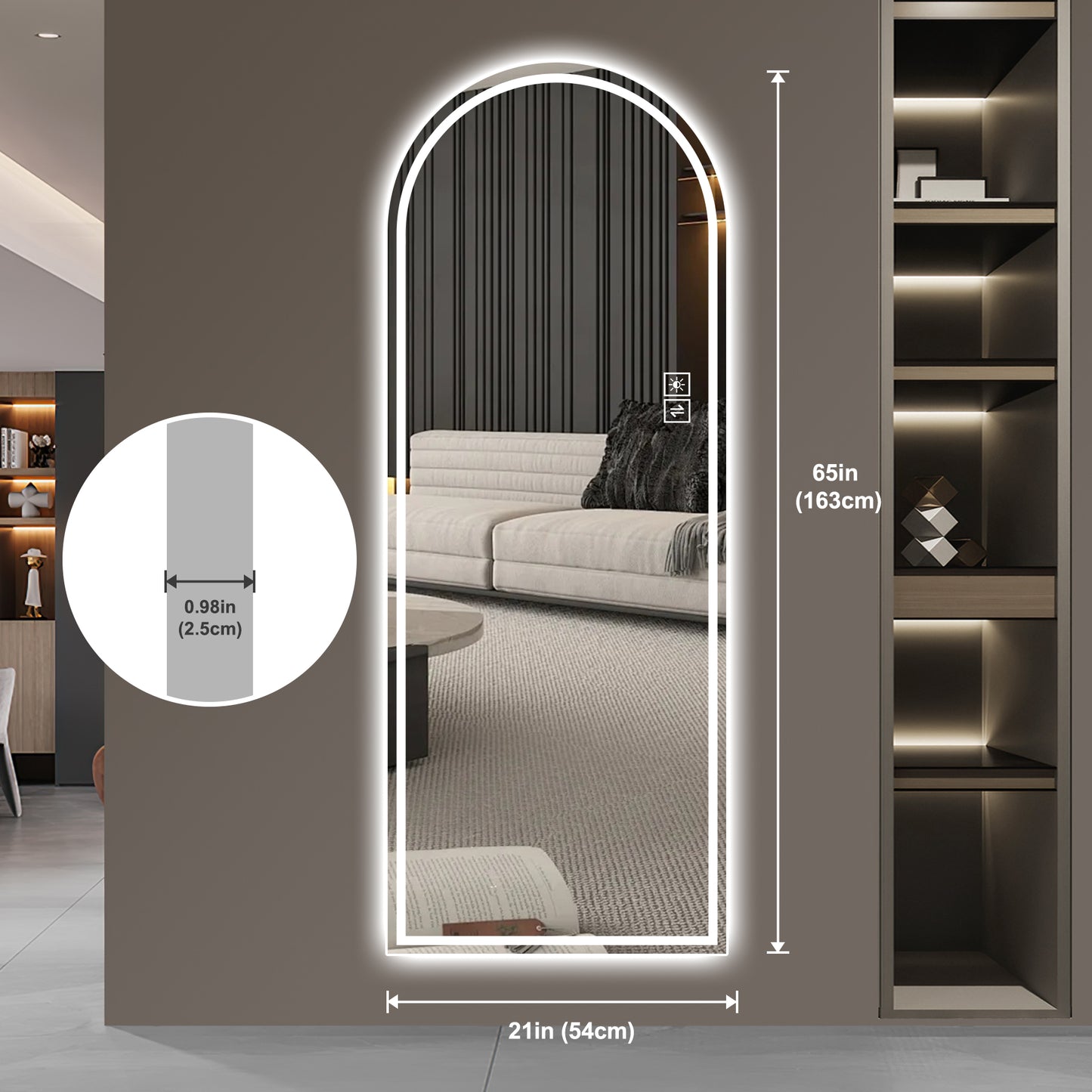 65" x 21" Arch LED Bathroom Mirror - Dimmable Anti-Fog Glass