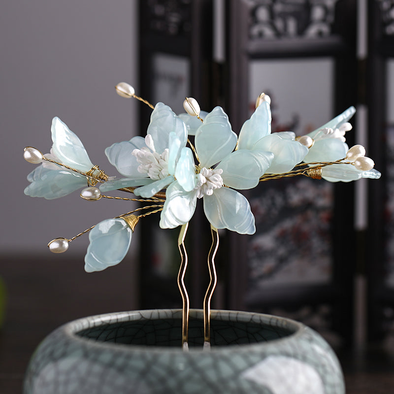 Hanfu Hair Comb - Fairy Flower Hairpin with Gemstone Inlay