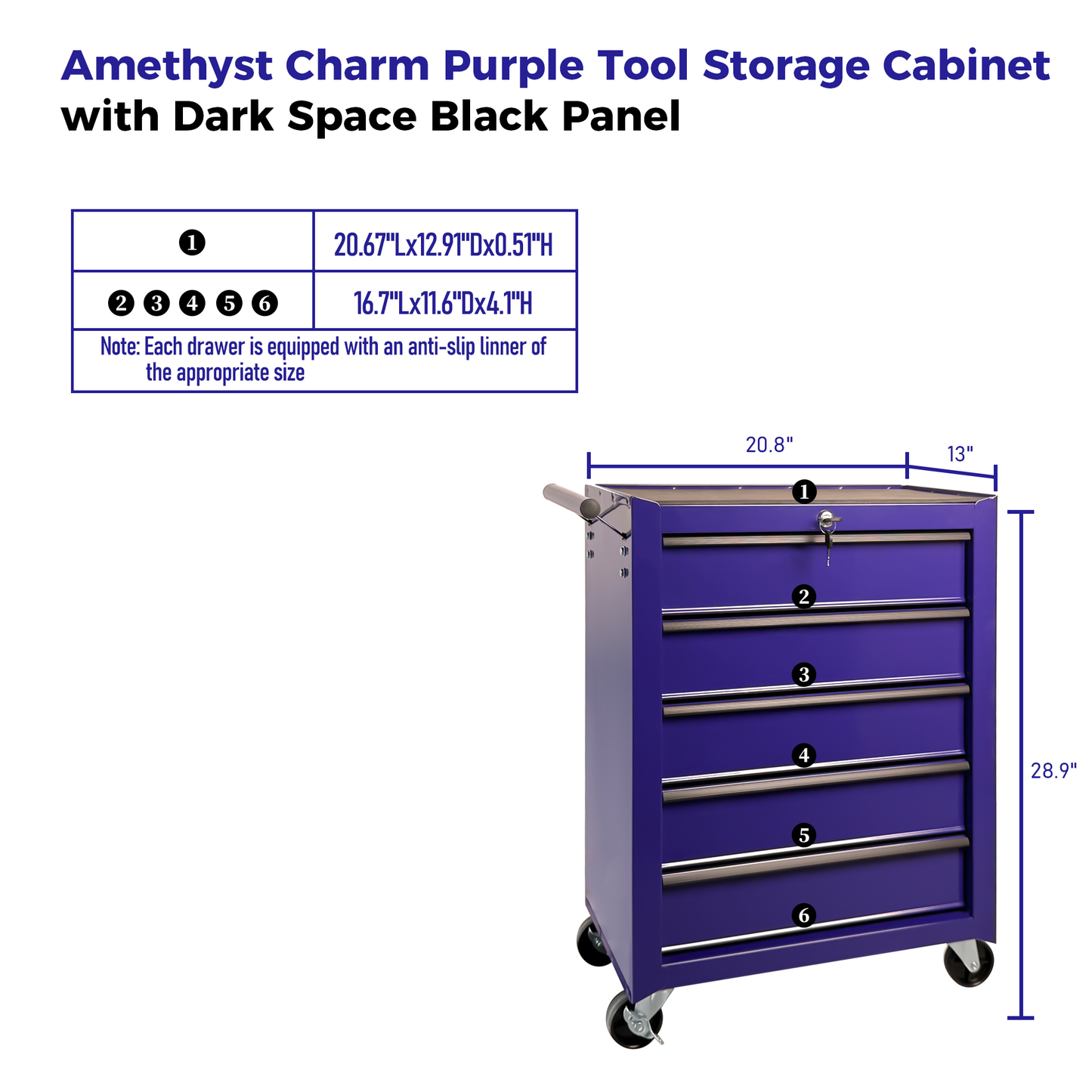 5 Drawer Steel Rolling Tool Chest - Garage & Workshop Storage - Purple
