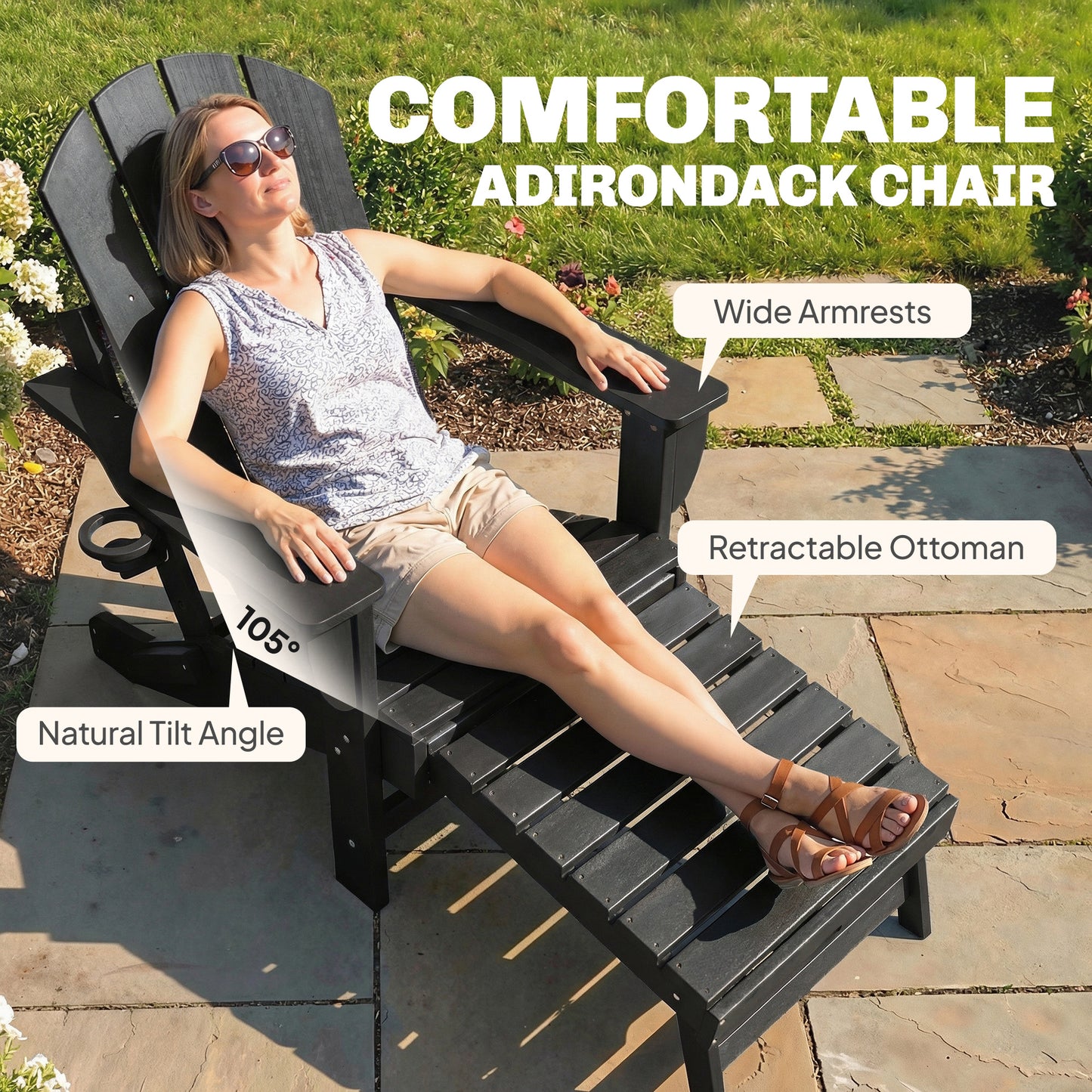Folding Adirondack Chair Set of 2 - HDPE Fire Pit Chairs with Ottoman & Cup Holder - Black
