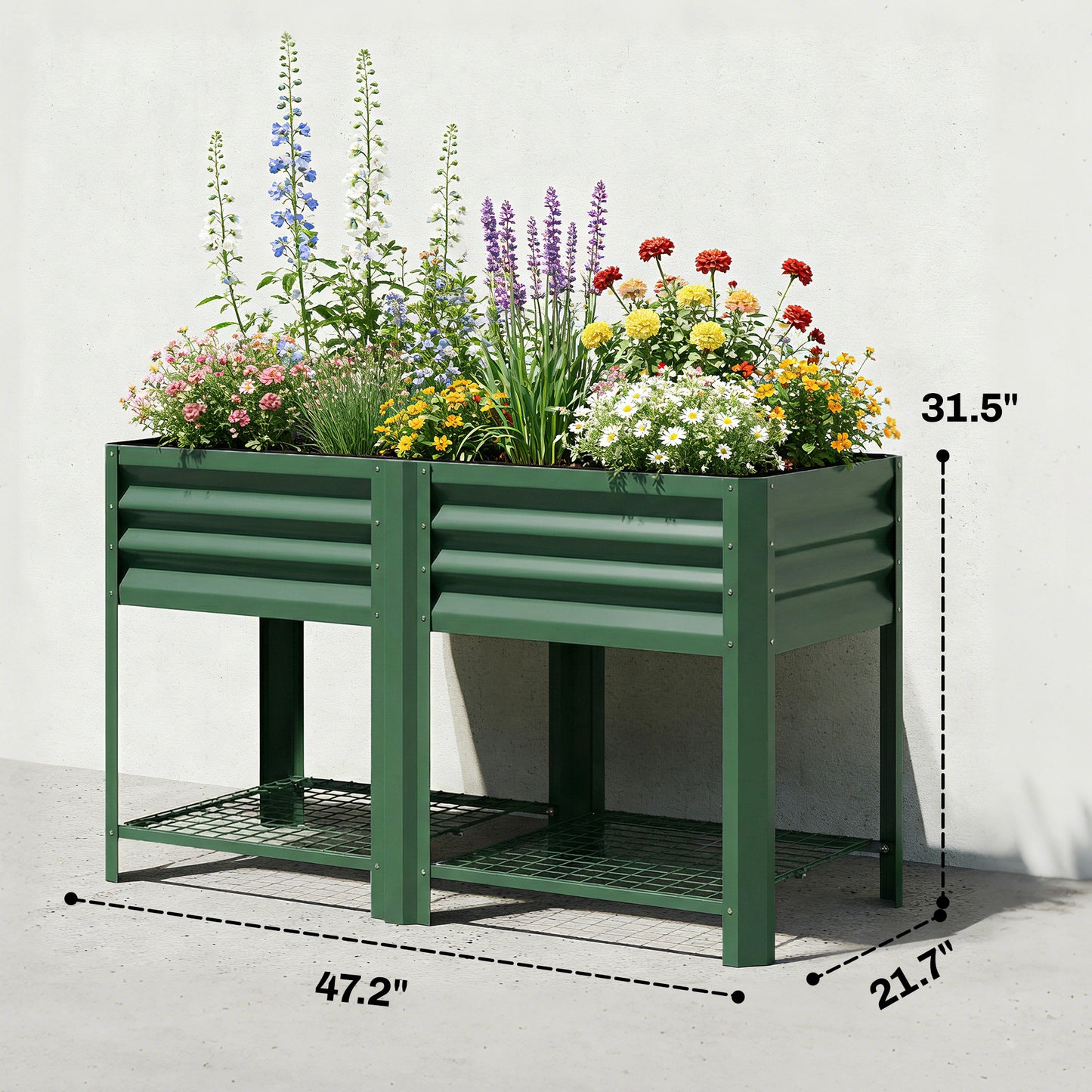Raised Garden Bed with Storage Shelf - Galvanized Steel, 31.5 Inch Green