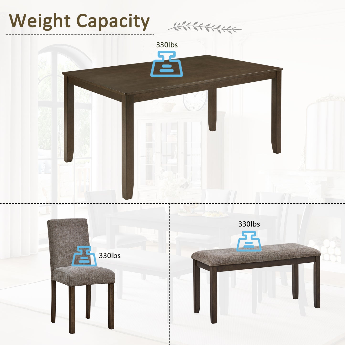 6-Person Wooden Dining Table Set with Bench - Walnut