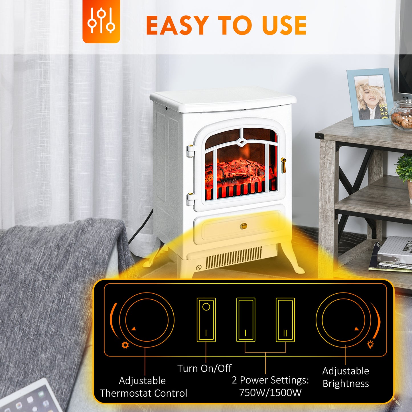 Electric Fireplace Heater with Realistic LED Flame and Logs - White, 725W/1450W