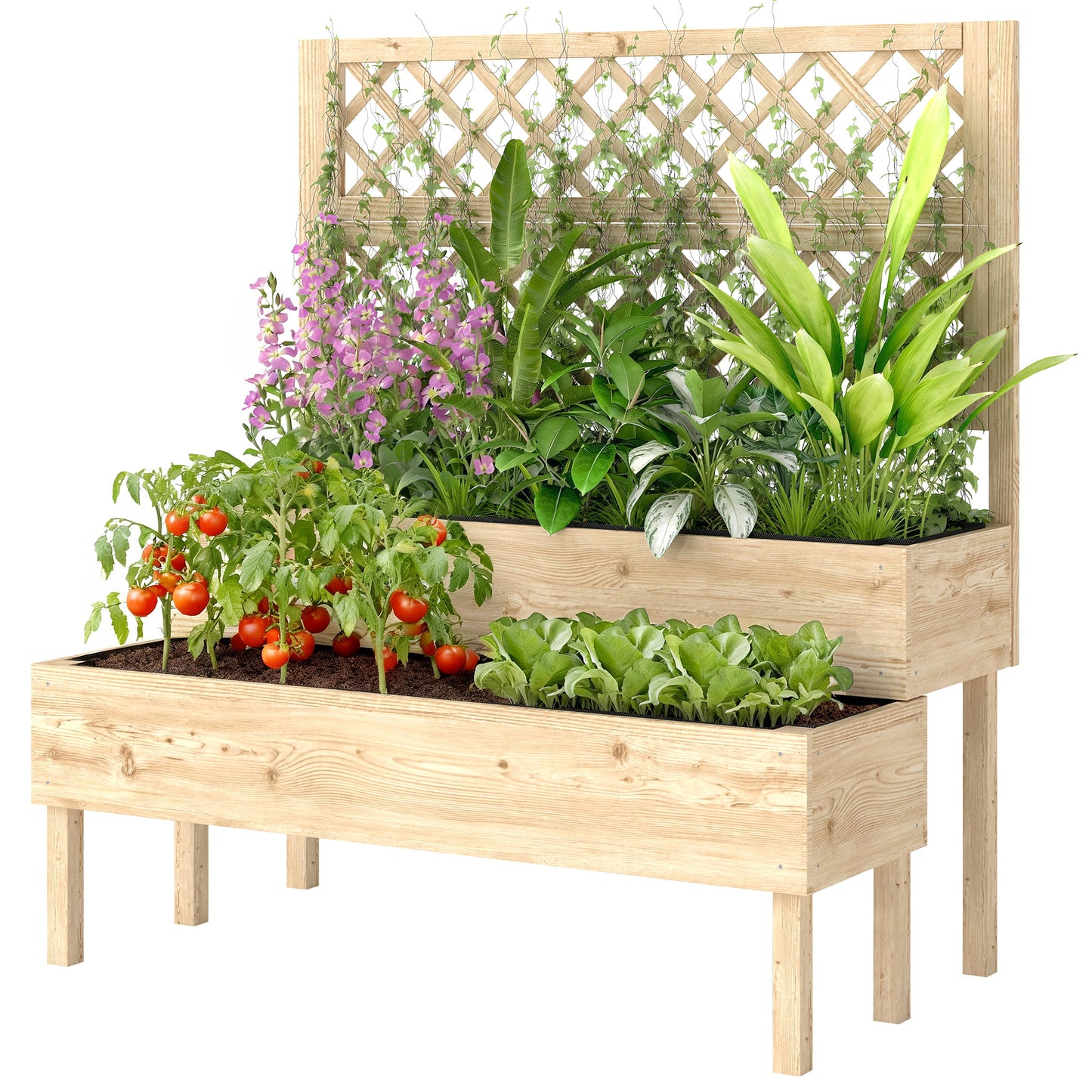 Raised Garden Bed with Trellis - 2-Tier Elevated Planter Box for Climbing Plants - Natural Wood Finish, 1200x370x200 mm