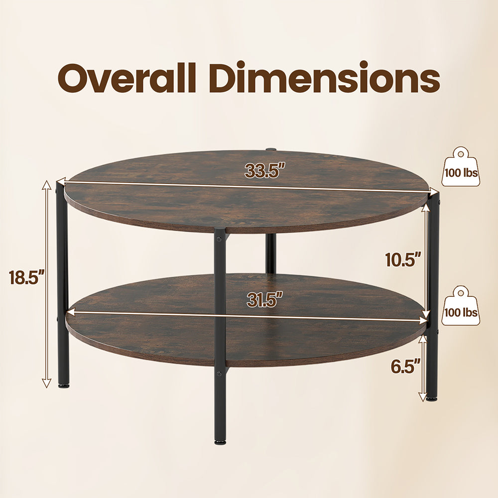 Round Coffee Table 2-Tier Industrial Accent With Open Storage Shelf