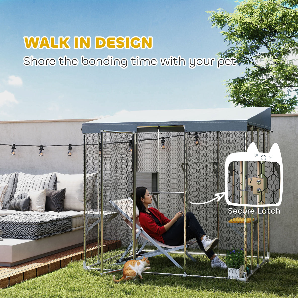 Large Galvanized Steel Cat Enclosure with Waterproof Canopy and Jumping Platforms - Silver, 79 Inches