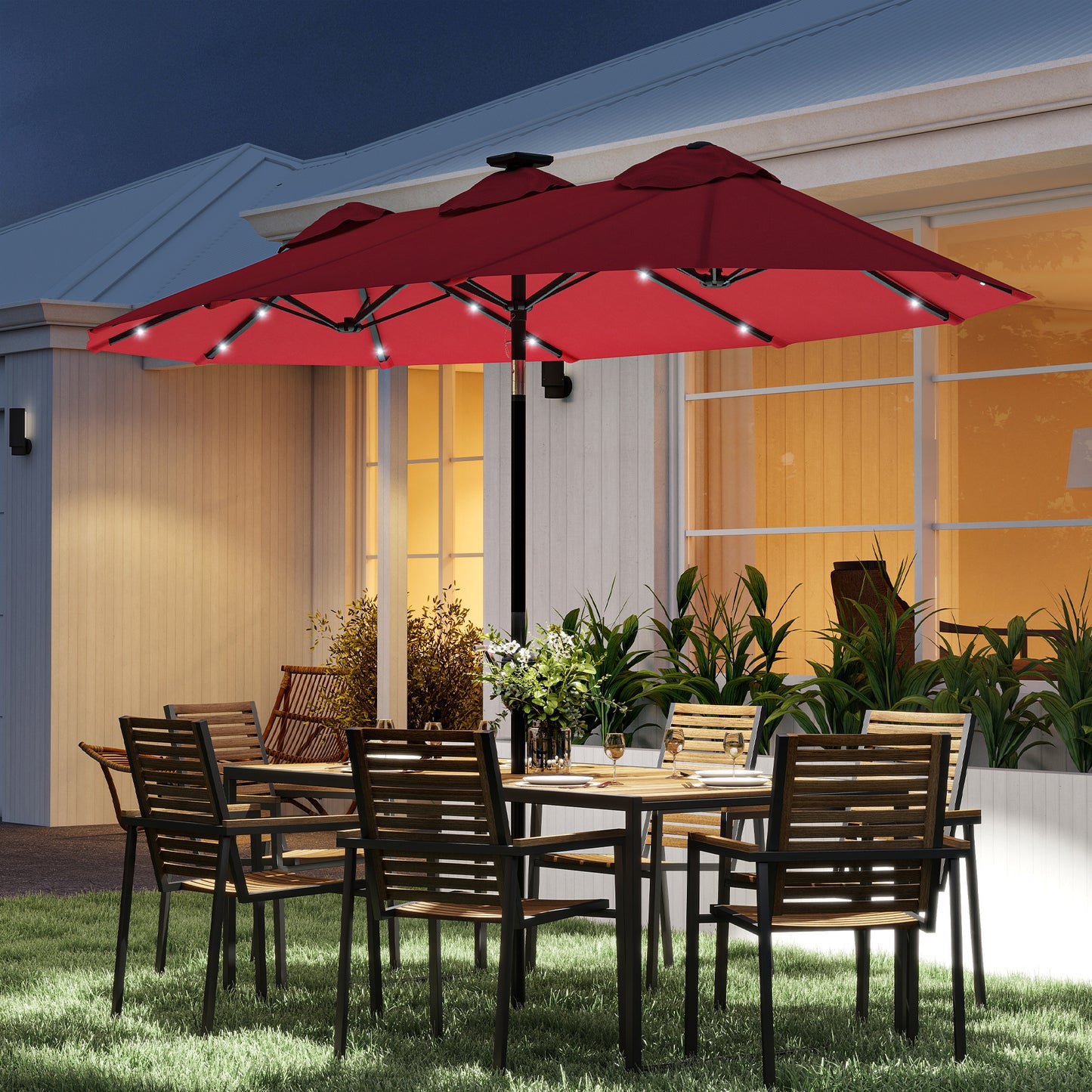 9.7' Double-Sided Patio Umbrella with Solar LED Lights - Wine Red
