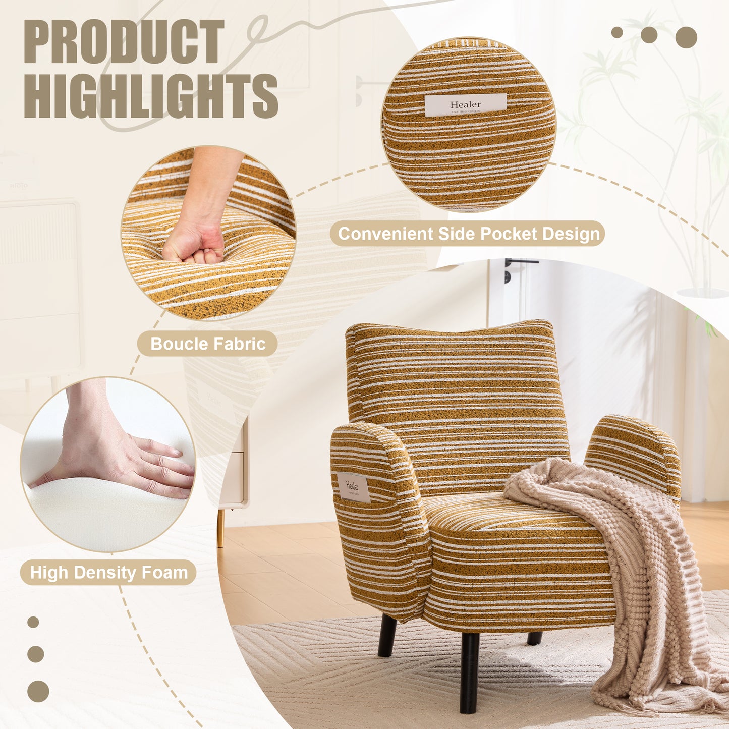 Comfortable Modern Armchair with Side Storage Pocket - Mustard Yellow