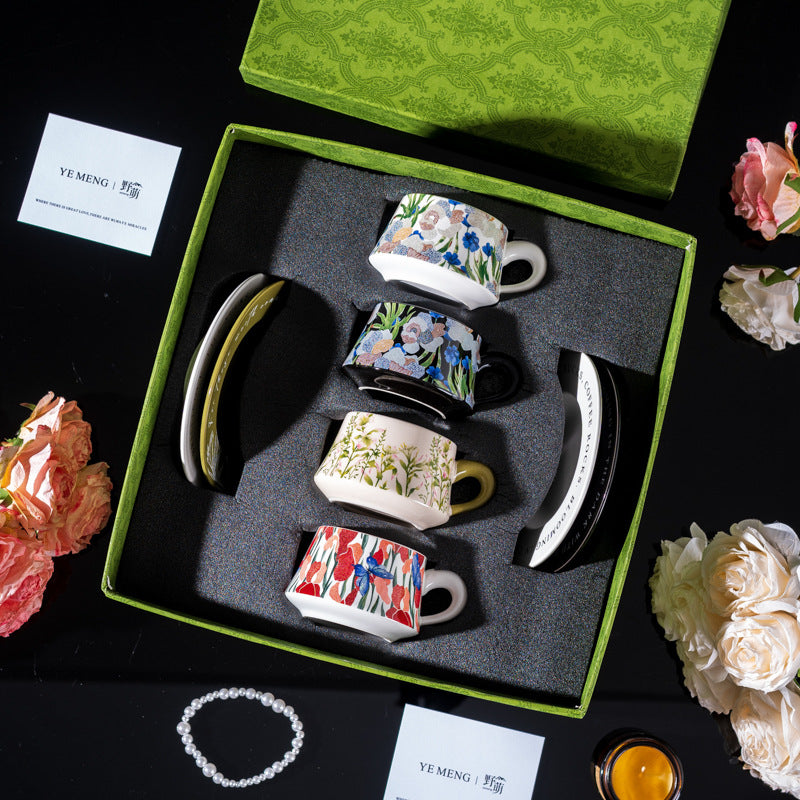 Elegant Iris Flower Ceramic Coffee Cup Set with Gift Box - Multiple Styles & Sizes