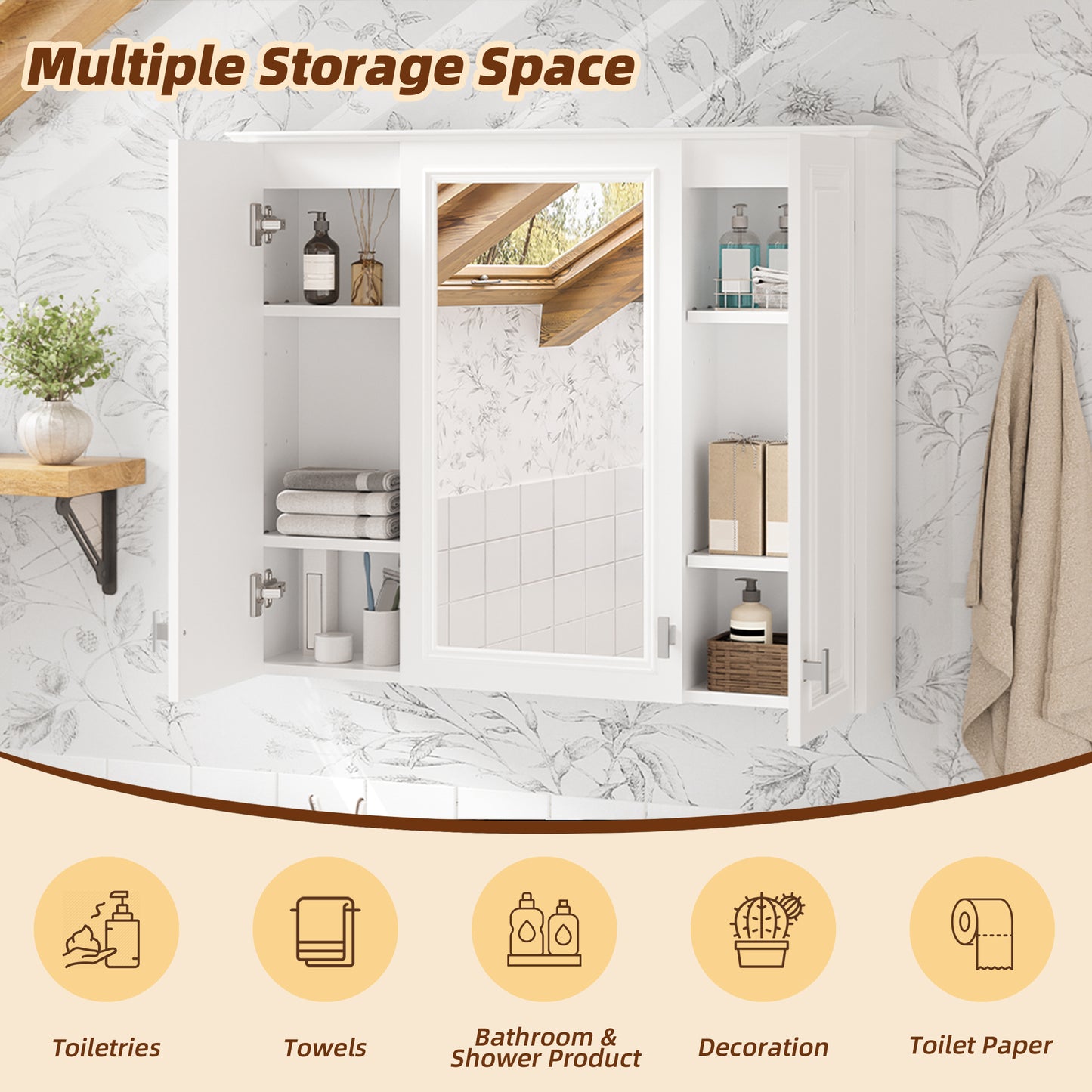 35-Inch Wall-Mounted Bathroom Cabinet with Mirror & 5 Shelves
