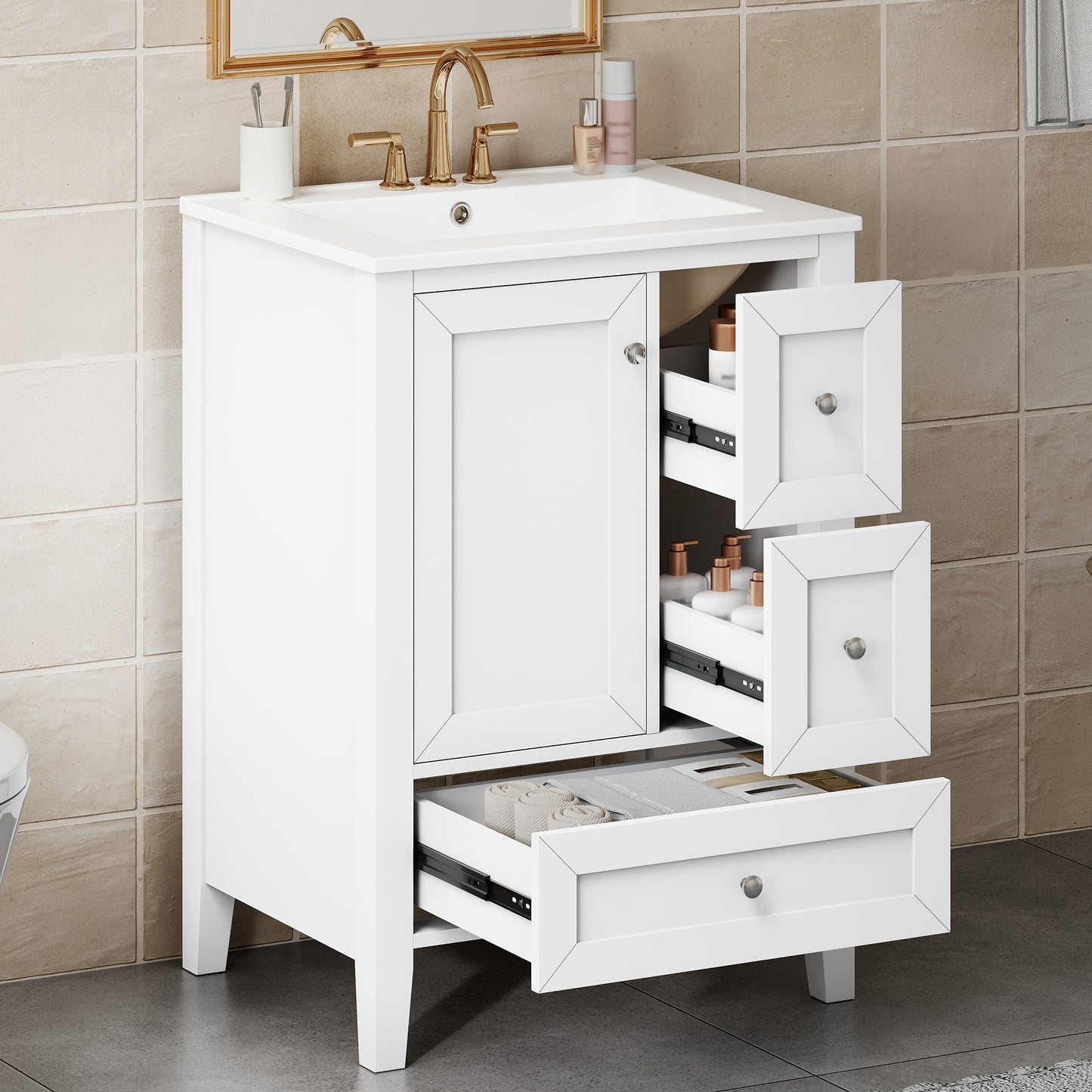 24-Inch Bathroom Vanity with Sink & Drawers - White
