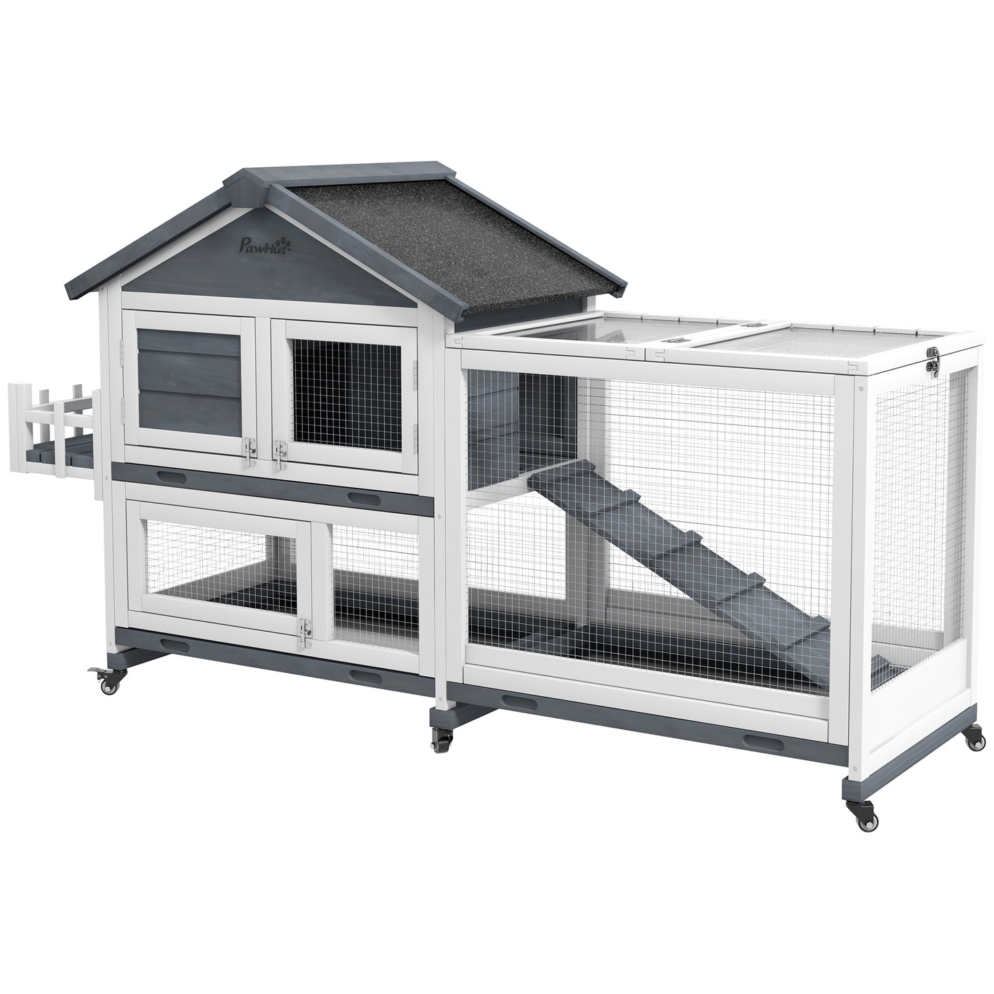 Wooden Rabbit Hutch with Openable Roof & Storage - 65 Inch Pet House for Small Animals, Gray
