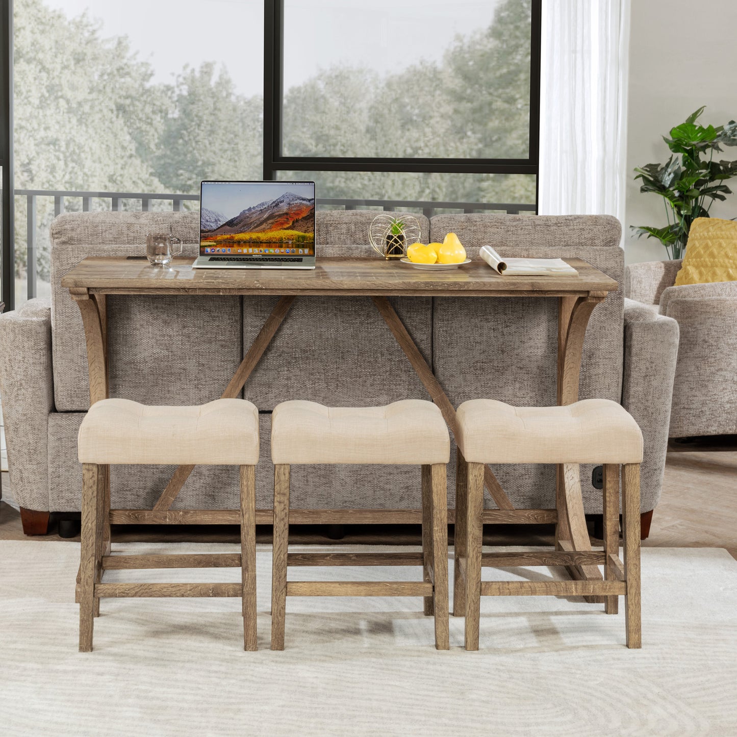 Bar Table Set with Power Outlet - 4-Piece Dining Set with 3 Stools, Brown