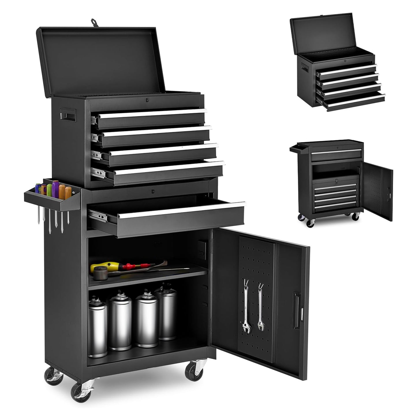 Rolling Tool Chest with 5 Drawers, Lockable Cabinets & Detachable Top - Black Steel Garage Storage