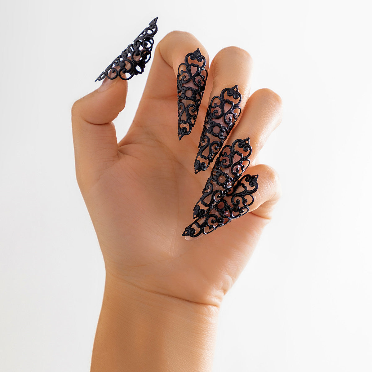 Gothic Style Hollow Tapered Fingernail Ring with Tassel and Geometric Design