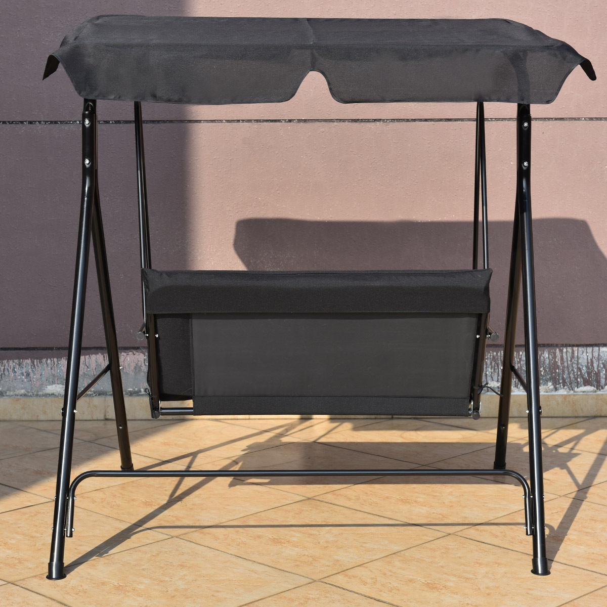 Outdoor Loveseat Swing Glider with Cushions - Black Steel Frame