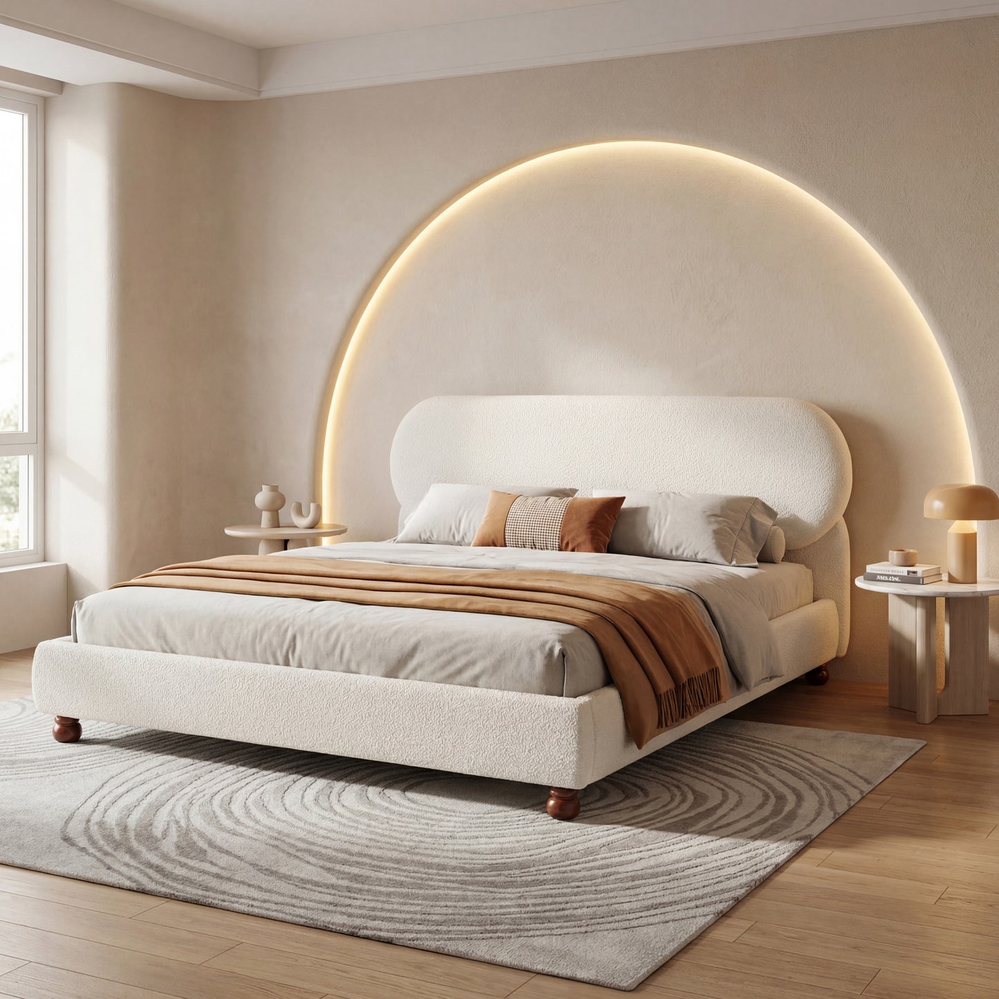 Queen Cream Boucle Upholstered Bed with Rubber Wood Feet