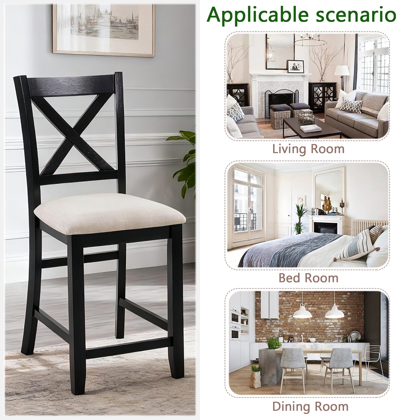 Wooden Counter Height Dining Chairs Set of 4 - Black & Beige