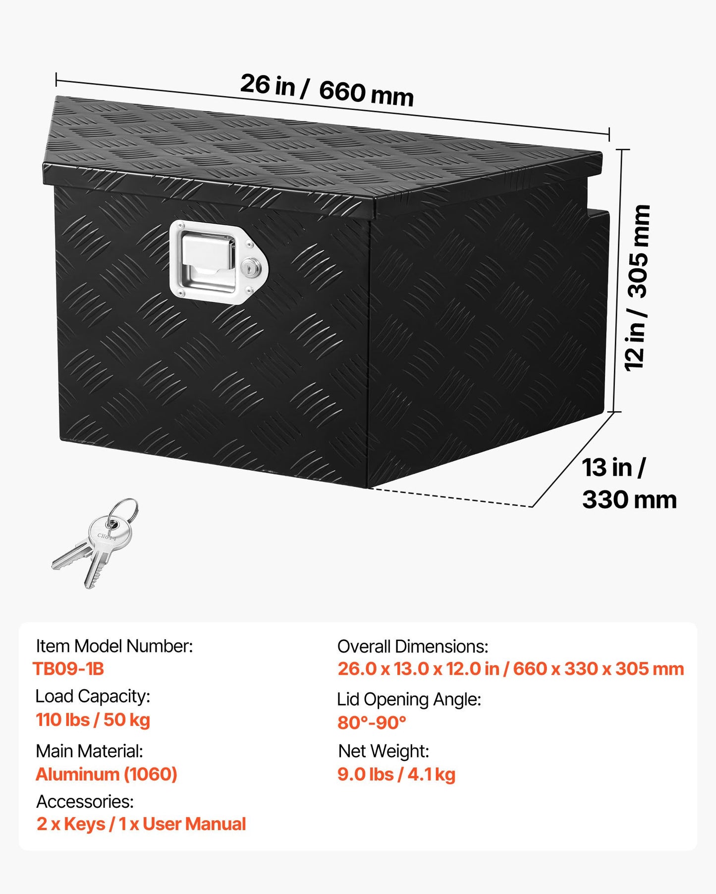 Aluminum Trailer Tongue Box with Lock 26x13x12 inches Heavy Duty Storage Organizer