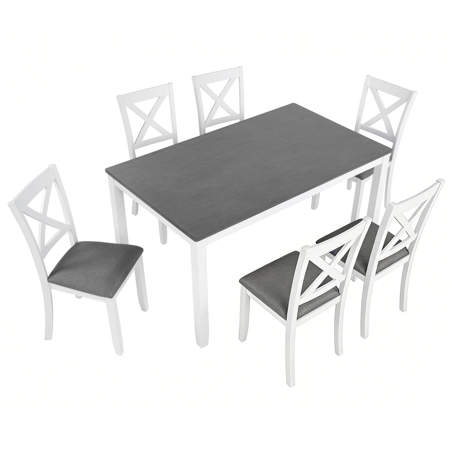 Solid Wood Dining Table Set with 6 Padded Chairs - Grey & White