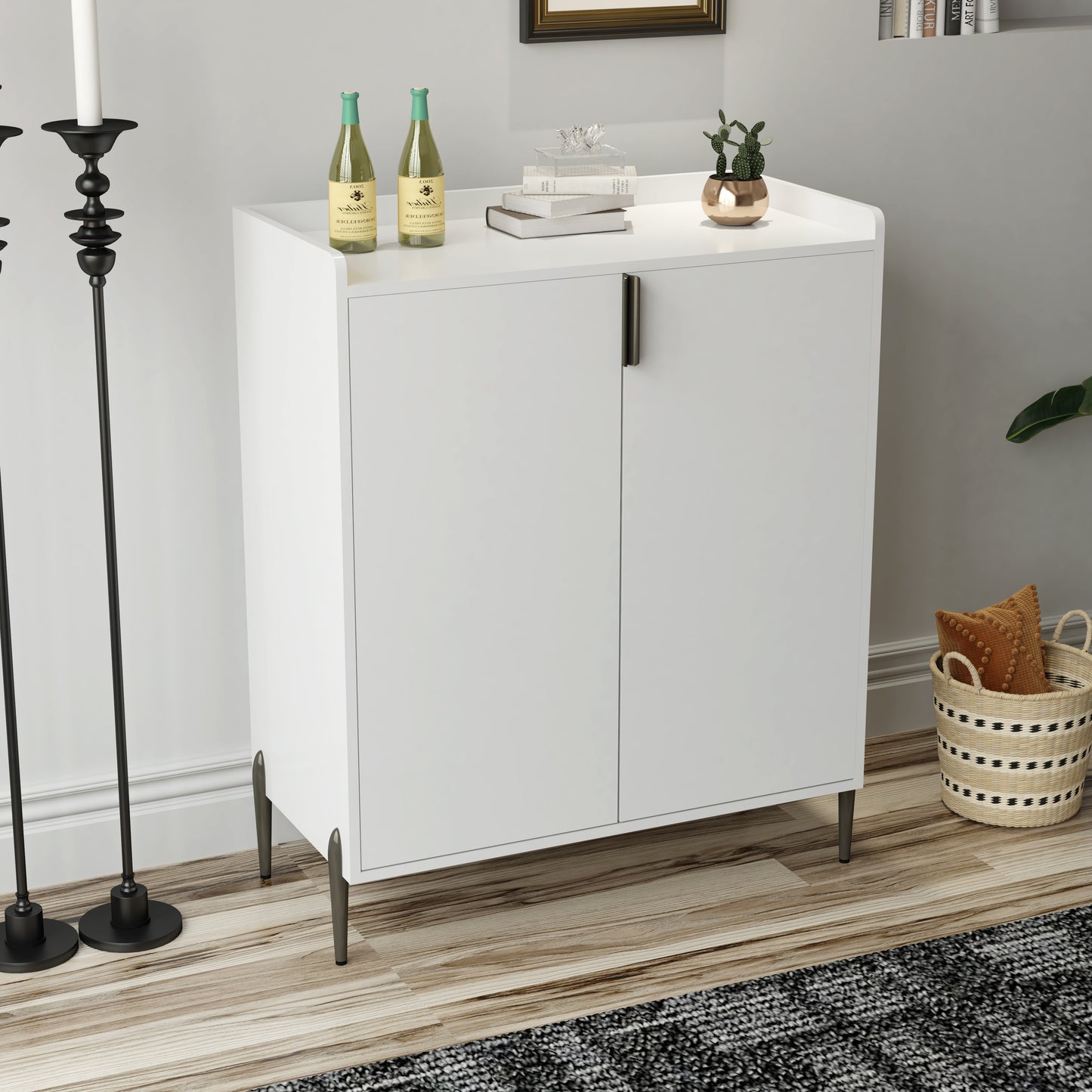 2 Doors Home Wine Bar Cabinet With Rack & Adjustable Storage Shelf,