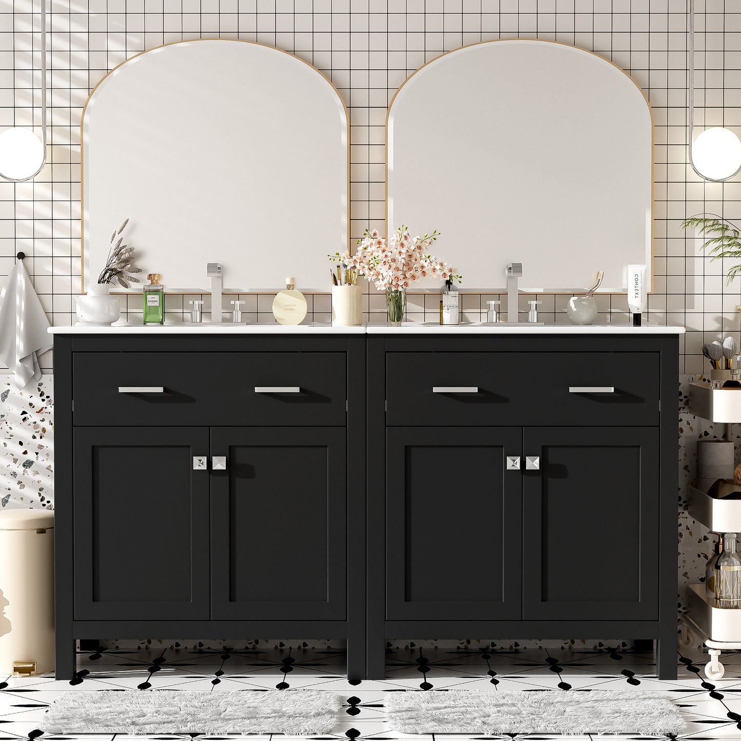60" Modern Black Bathroom Vanity Set with Double Sinks & Storage