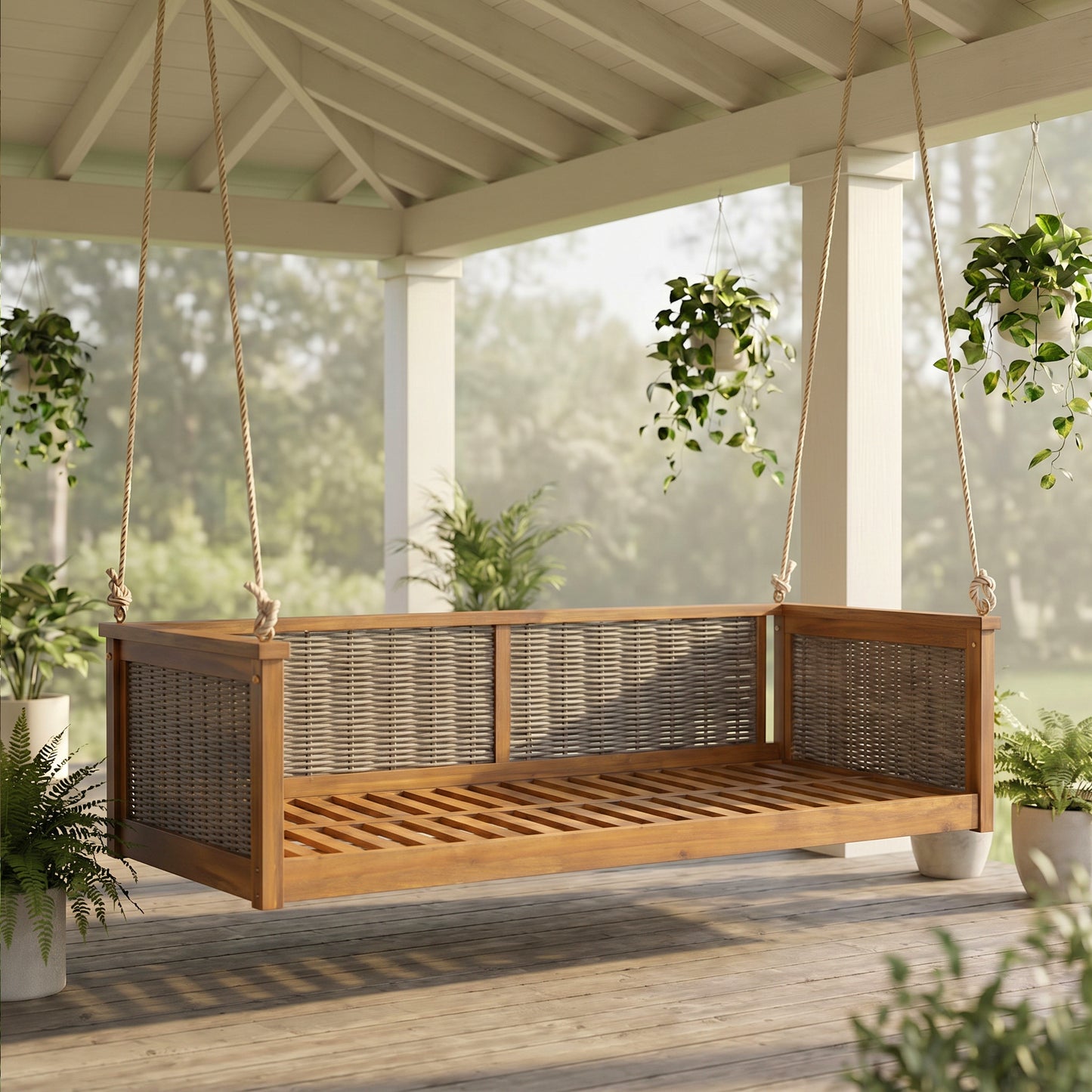 Outdoor Classic Solid Wood Twin Size Swing Bed - Teak