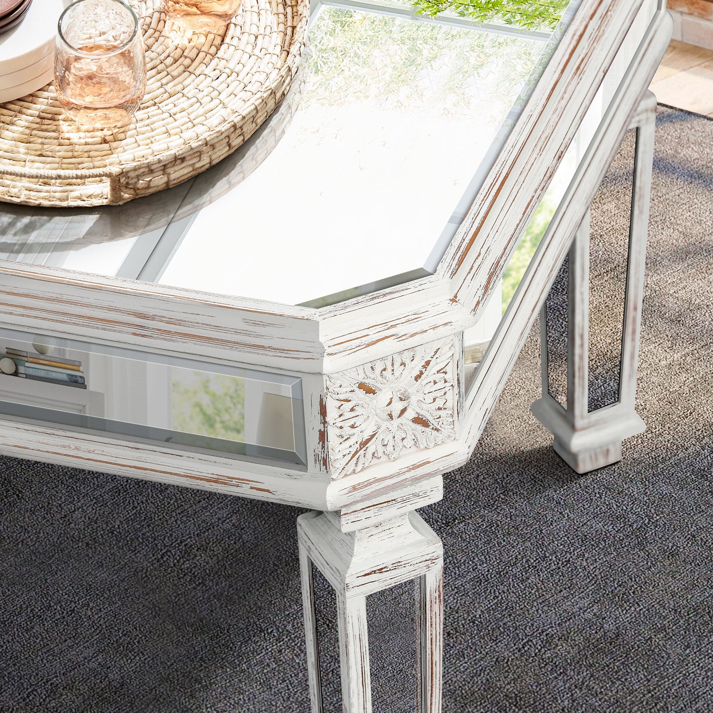 Silver Mirrored Coffee Table with Vintage Carved Elements - 48" W