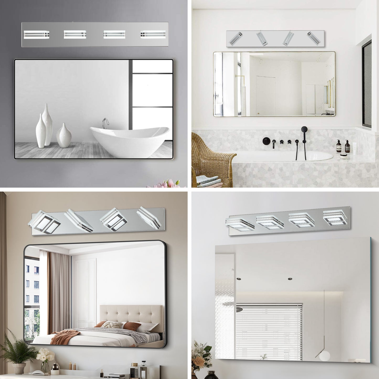 Modern Chrome 4-Light LED Vanity Light with Square Acrylic Shades