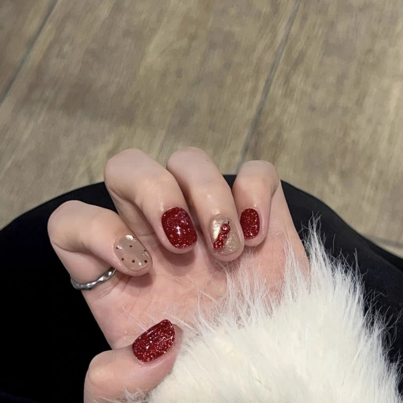 Hand-Painted Wearable Nail Art Stickers Set for Women - Starry Sky Red