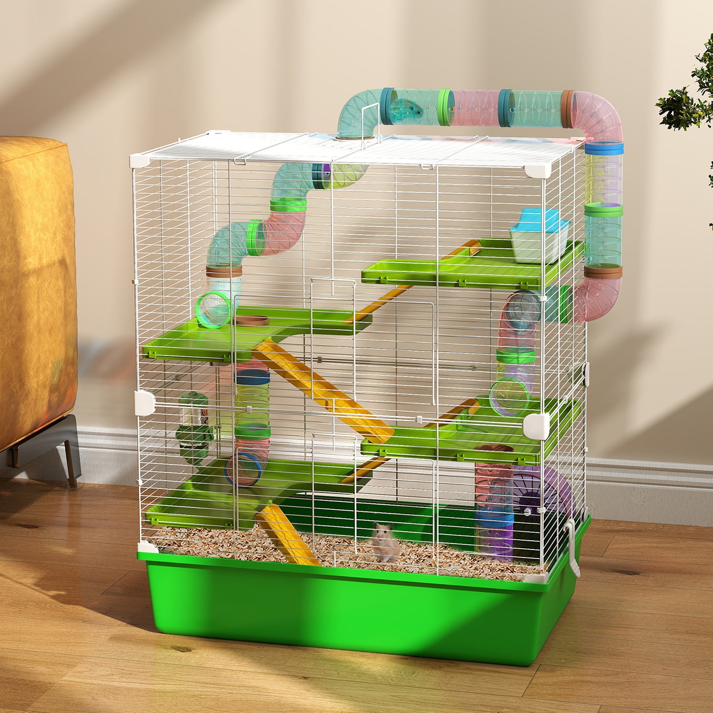 Large 23-Inch Hamster Cage with Wheel Water Bottle and Tunnels - Green