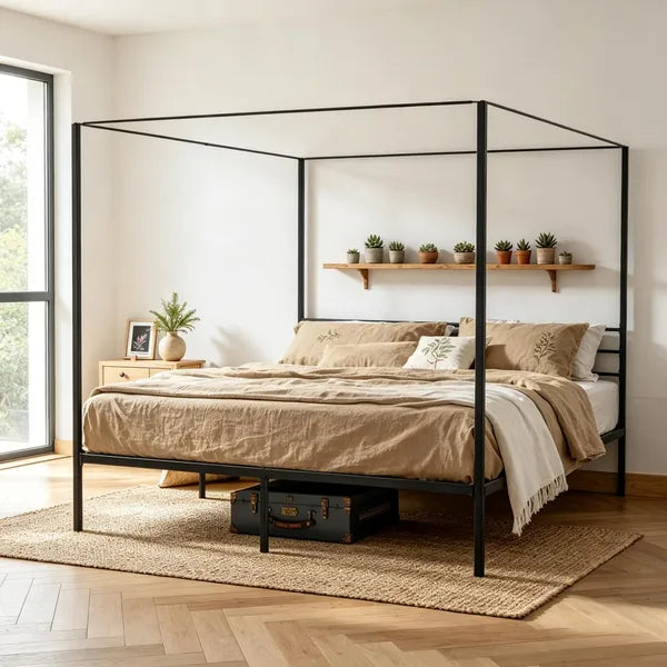 Sturdy Canopy Bed Frame with Storage Space - Metal Design
