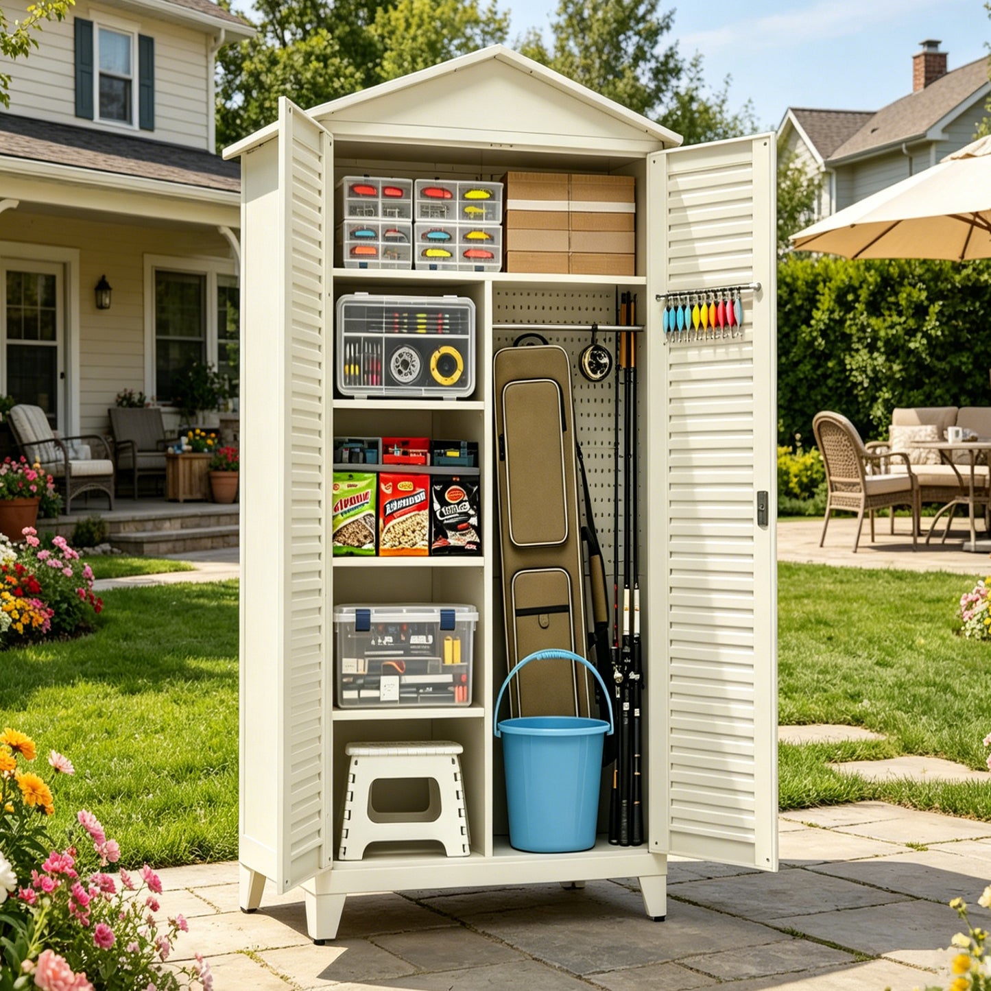79-Inch Tall Metal Tool Storage Cabinet - Beige Steel Organizer