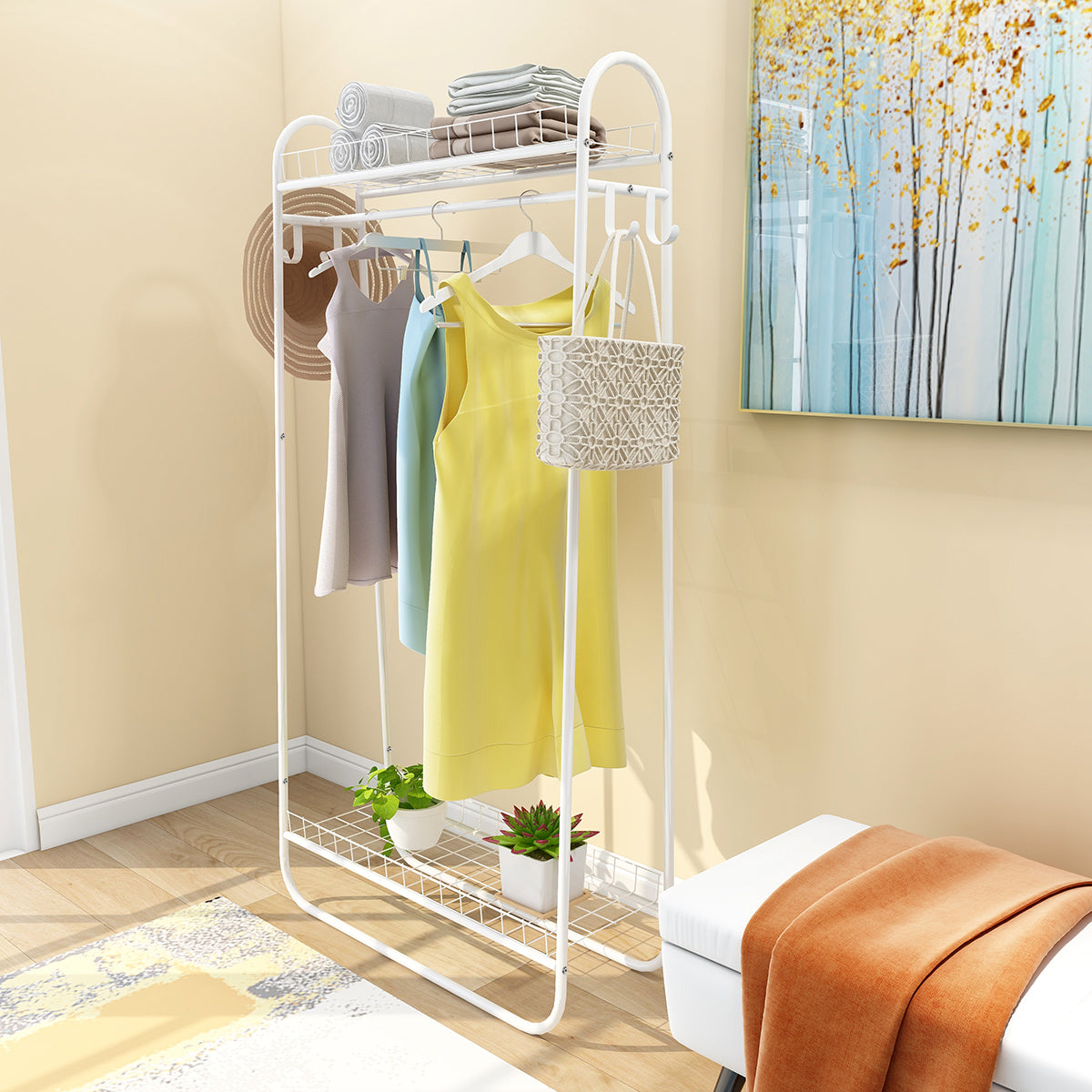 Heavy Duty Freestanding Clothes Rack with Double Shelves - White