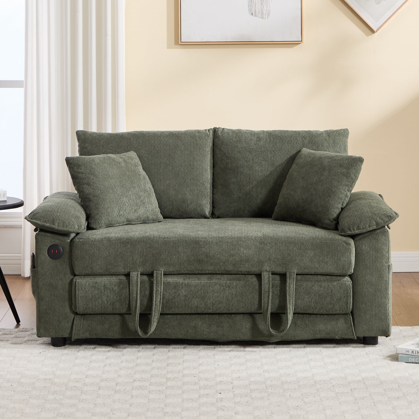 58-Inch Convertible Futon Sofa Bed with Side Pockets - Green